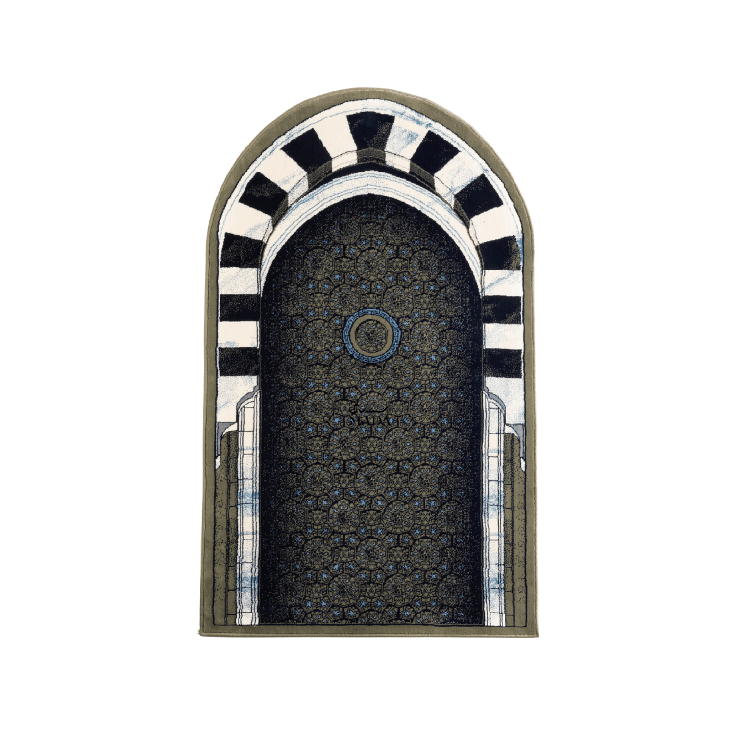 Islamic prayer rug featuring an arched mihrab design with geometric pattern and striped arch detailing