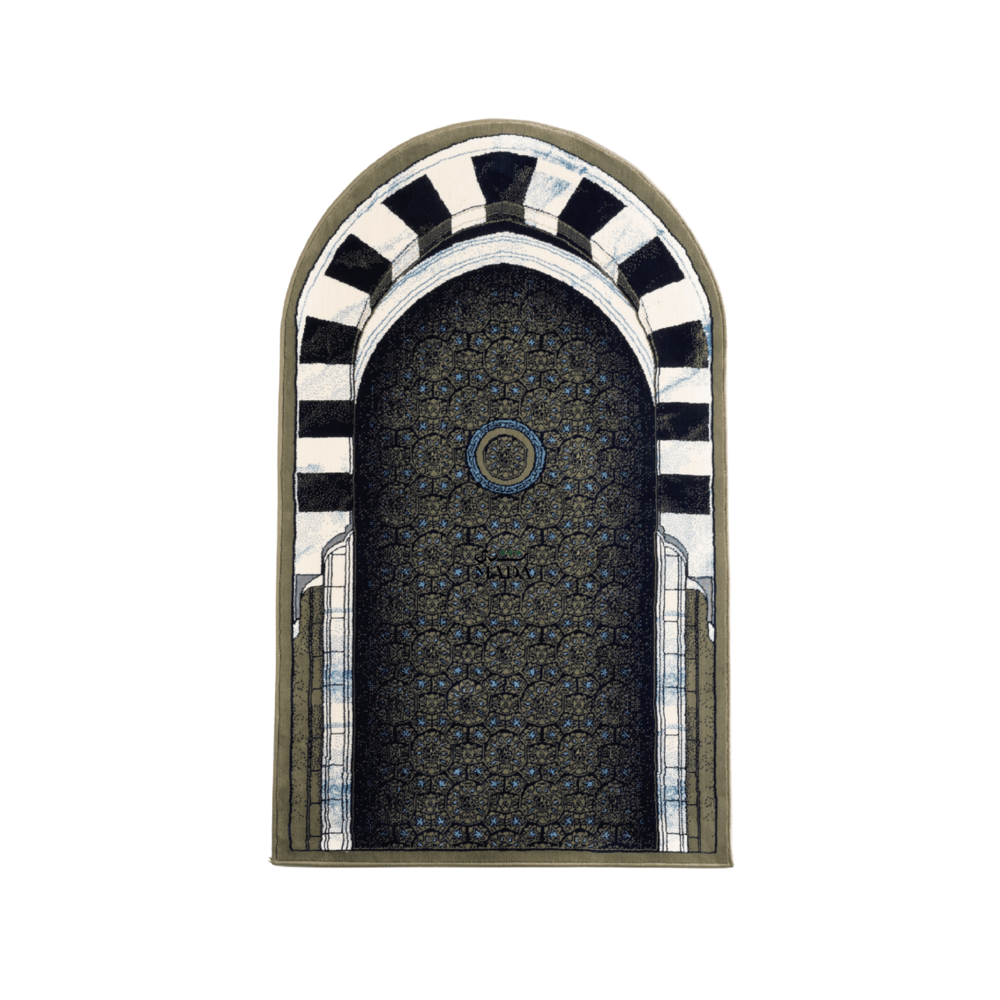Islamic prayer rug featuring an arched mihrab design with geometric pattern and striped arch detailing