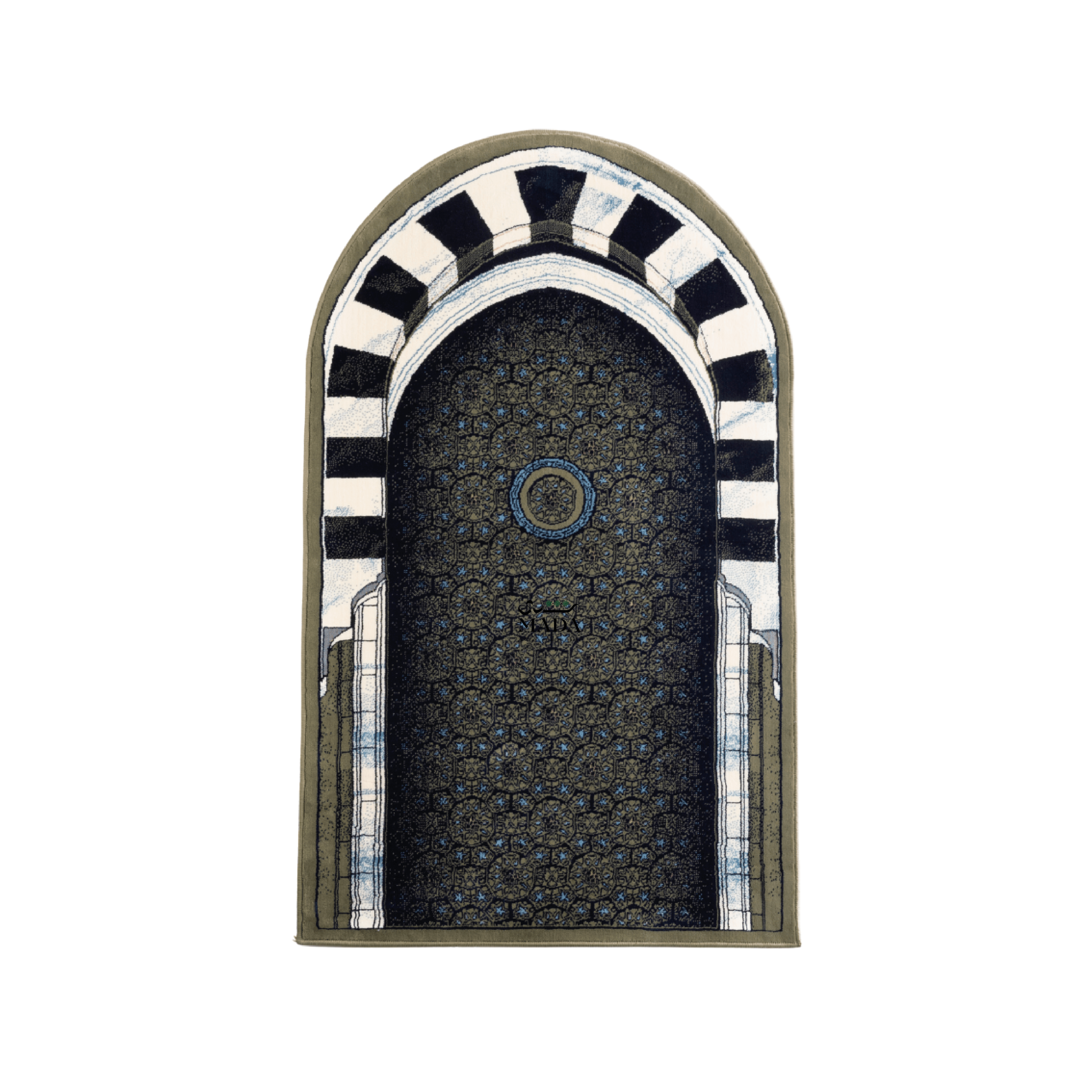 Islamic prayer rug featuring an arched mihrab design with geometric pattern and striped arch detailing