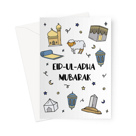 Eid ul-Adha Mubarak Islamic greeting card designed by Ilhaam featuring illustrated icons including the Kaaba, lanterns, prayer mat, sheep, and mosque elements
