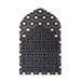 Islamic prayer rug with arched mihrab shape and black and white geometric pattern on a white background
