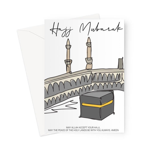 Islamic Hajj greeting card designed by Ilhaam featuring a minimalist line art illustration of the Kaaba and Masjid al-Haram with a “Hajj Mubarak” message
