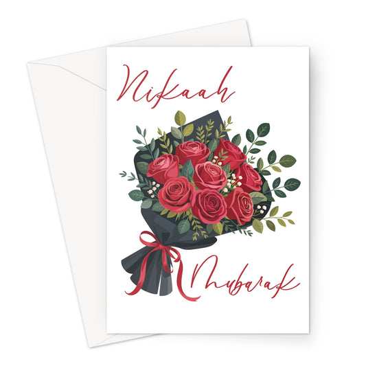 Greeting card with red roses and 'Nikah Mubarak' text on a white background