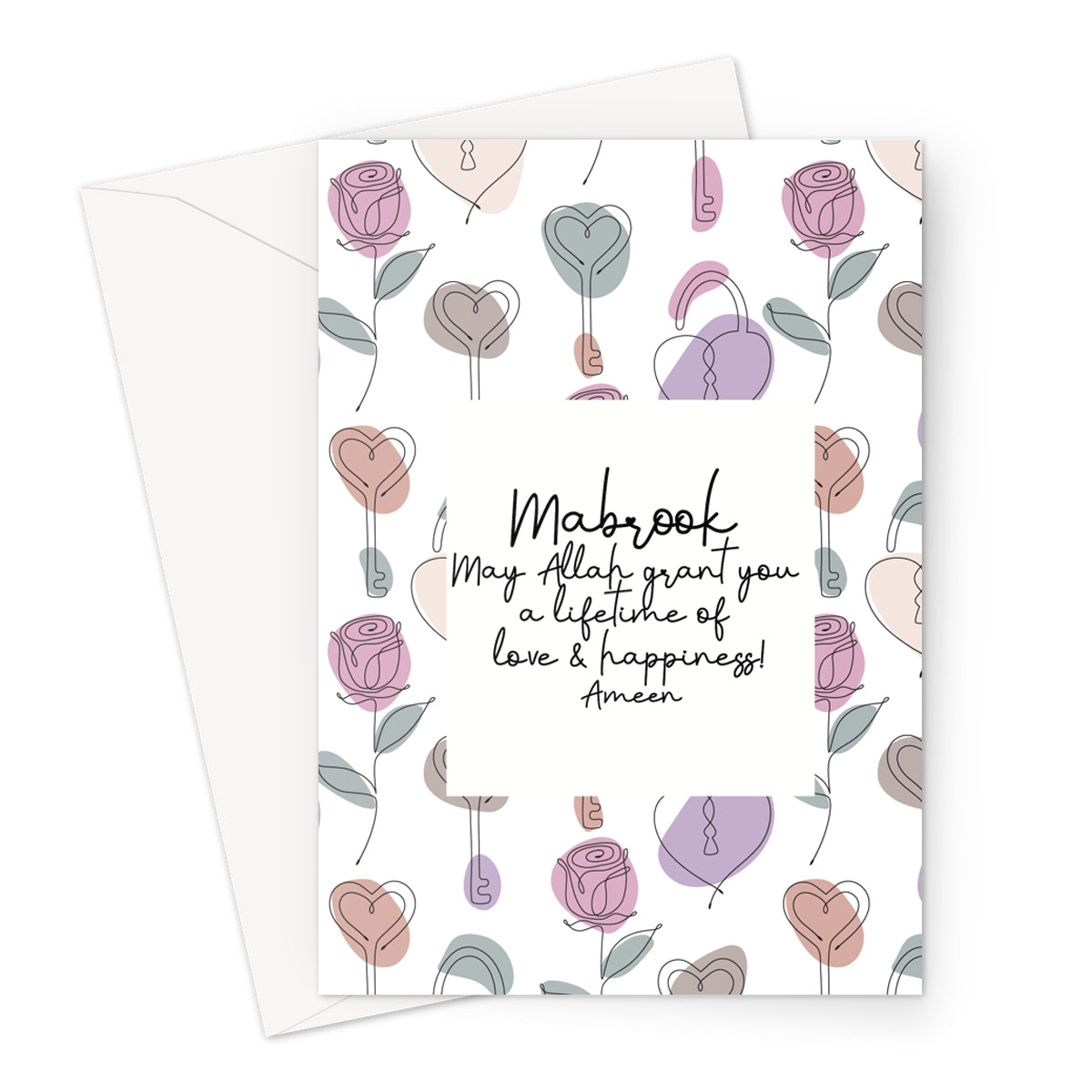Islamic wedding greeting card with pastel floral and heart pattern and Mabrook marriage message
