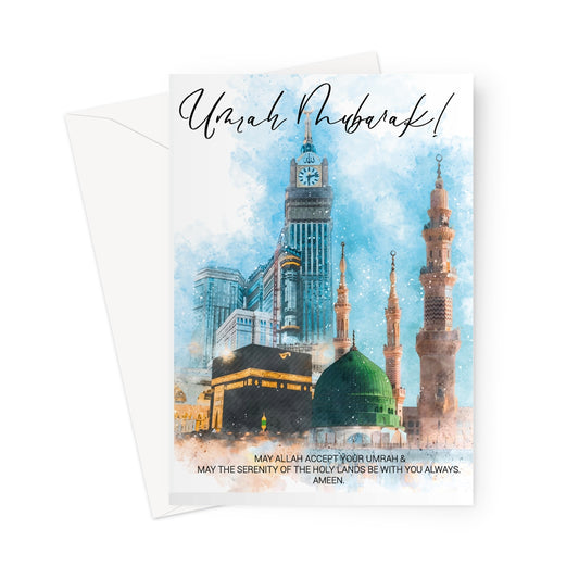 Islamic Umrah greeting card featuring the Kaaba and Masjid an Nabawi with Umrah Mubarak message