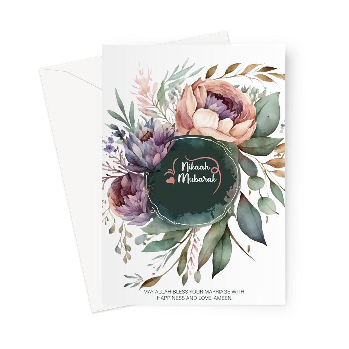 Islamic wedding greeting card with floral wreath design and the message “Nikah Mubarak”, featuring an outer dua blessing the marriage with happiness and love, designed by Ilhaam