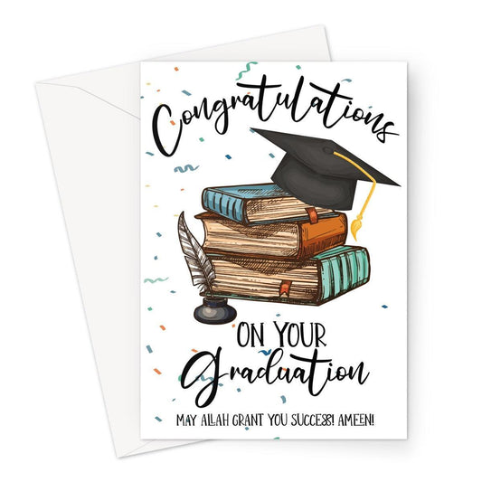Islamic graduation congratulations greeting card featuring stacked books, a graduation cap, and a duʿāʾ asking Allah to grant success, designed by Ilhaam