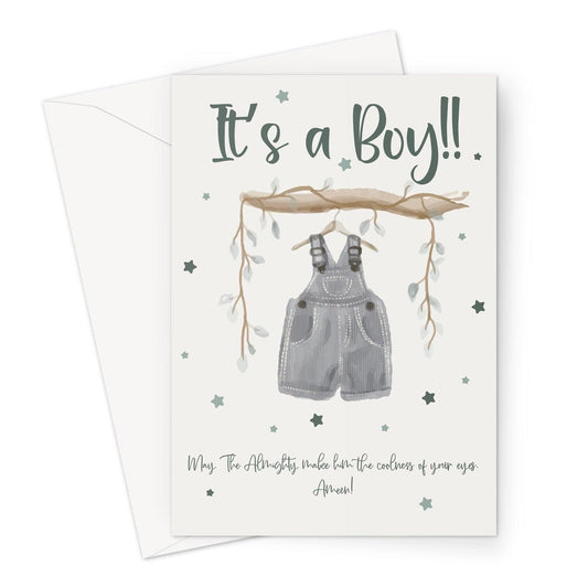 Islamic baby boy congratulations card featuring hanging baby dungarees illustration with dua text and “It’s a Boy” message, designed by Ilhaam