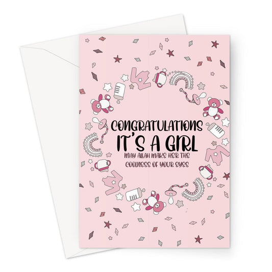 Baby girl congratulations greeting card featuring a pink illustrated design with baby icons and the message “Congratulations It’s a Girl”, designed by Ilhaam