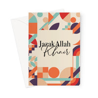 Islamic thank you greeting card with “JazakAllah Khair” text framed by a modern geometric pattern in warm earthy tones, designed by Ilhaam