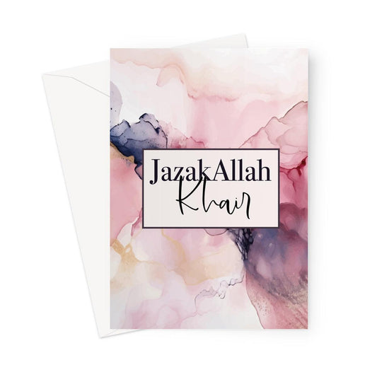 Islamic thank you greeting card with “JazakAllah Khair” text on a soft pastel watercolour background in blush pink and neutral tones, designed by Ilhaam