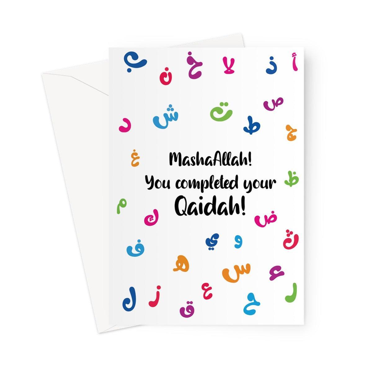 Islamic Qaida completion greeting card featuring colourful Arabic letters surrounding the message “MashaAllah! You completed your Qaida!”, designed by Ilhaam.
