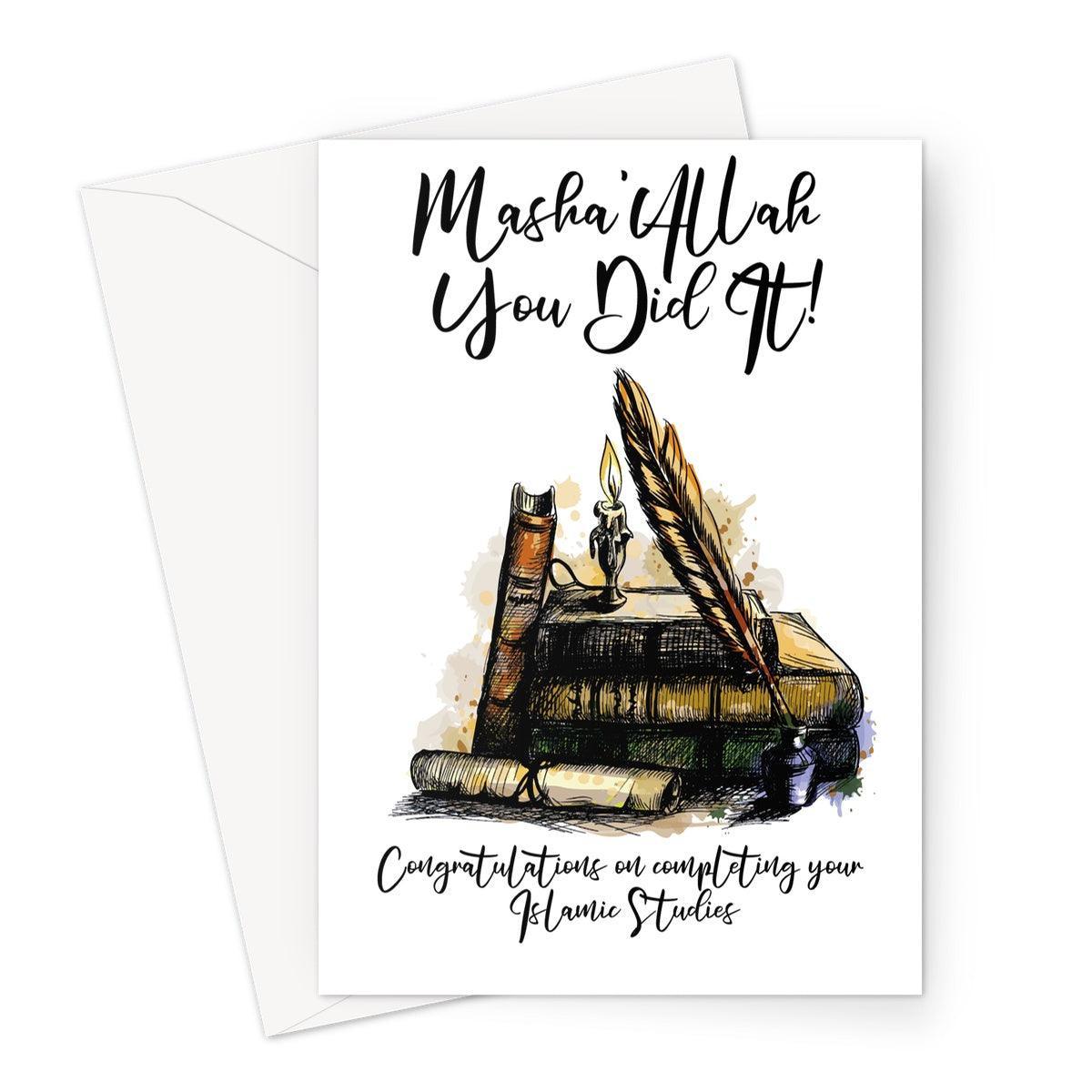 MashaAllah You Did It Islamic greeting card congratulating completion of Islamic studies, featuring books, candle and quill illustration, designed by Ilhaam