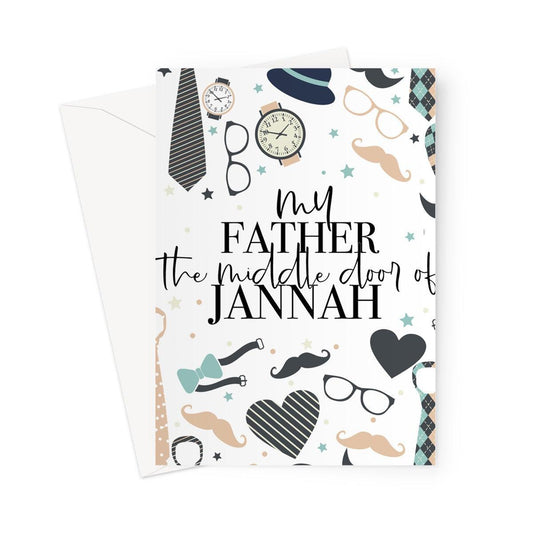 Islamic greeting card featuring the quote “My father, the middle door of Jannah” with playful masculine illustrations such as glasses, ties, watches and hearts, designed by Ilhaam