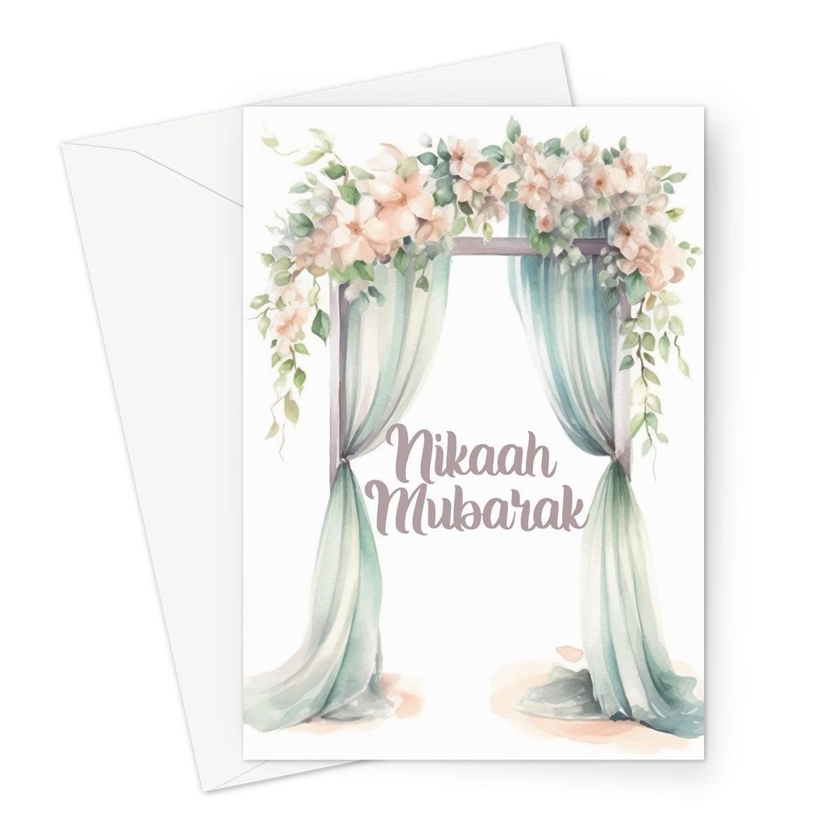 Islamic Nikah Mubarak greeting card featuring a floral arch with soft draped curtains and elegant calligraphy, designed by Ilhaam