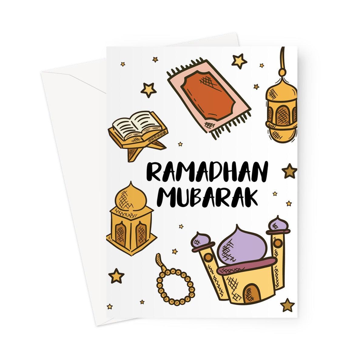 Ramadan Mubarak Islamic greeting card featuring illustrated Islamic elements including a prayer mat, Qur’an, tasbih, lantern, mosque, and crescent moon, designed by Ilhaam