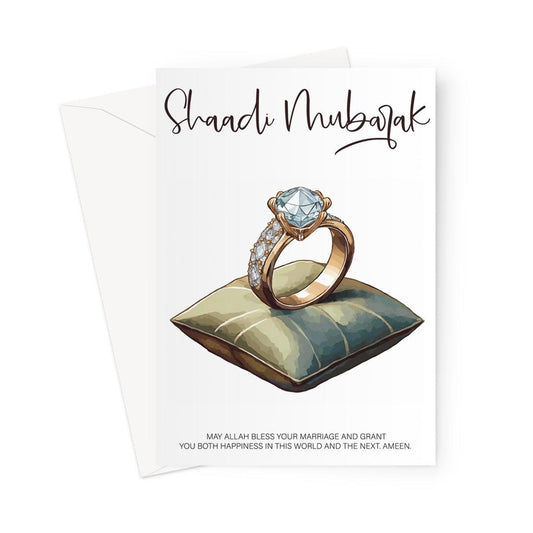 Islamic Shaadi Mubarak wedding greeting card featuring an illustrated diamond ring on a cushion with a dua for marriage blessings, designed by Ilhaam
