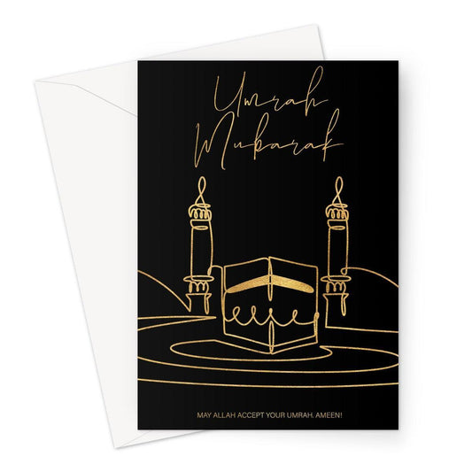 Umrah Mubarak Islamic greeting card featuring gold line art illustration of the Kaaba and minarets on a black background, designed by Ilhaam