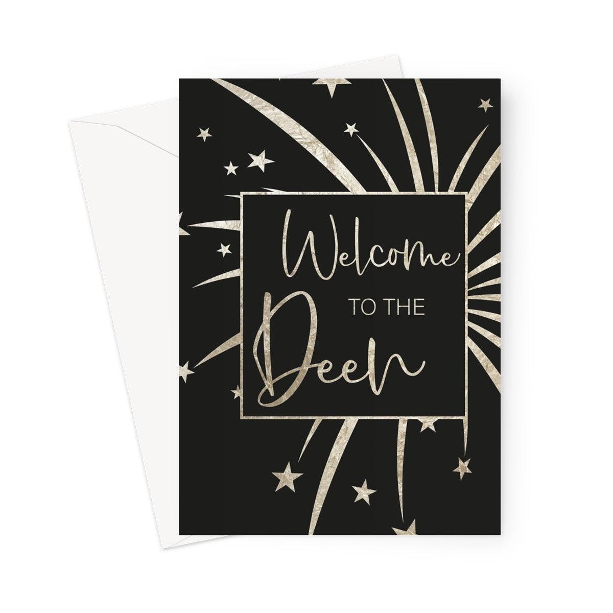 Welcome to the Deen Islamic greeting card featuring gold typography and starburst design on a black background, designed by Ilhaam